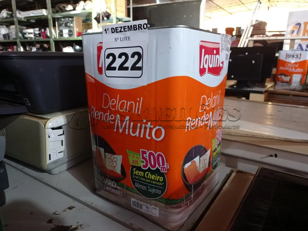 LOTE 222 - 01 LATA DE TINTA IQUINE DELANIL RENDE MUITO 18L FOSCO BASE “C”. (NO ESTADO) ATENÇÃO! FAZER A VISITAÇÃO ANTES DE ARREMATAR, NÃO SABEMOS SE FUNCIONA. LEILÃO NÃO TEM GARANTIA E NEM DEVOLUÇÃO, SUJEITO A POSSÍVEIS AVARIAS VISÍVEIS/OCULTAS E/OU AUSÊNCIA DE COMPONENTES.