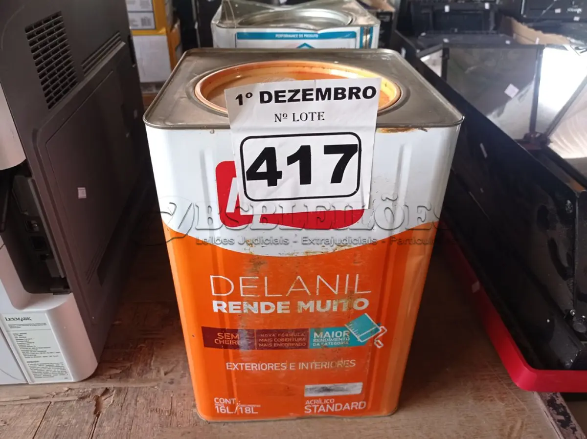 LOTE 417 - 01 LATA DE TINTA IQUINE DELANIL RENDE MUITO 18L SEM A IDENTIFICAÇÃO DA COR. (NO ESTADO) ATENÇÃO! FAZER A VISITAÇÃO ANTES DE ARREMATAR, NÃO SABEMOS SE FUNCIONA. LEILÃO NÃO TEM GARANTIA E NEM DEVOLUÇÃO, SUJEITO A POSSÍVEIS AVARIAS VISÍVEIS/OCULTAS E/OU AUSÊNCIA DE COMPONENTES.