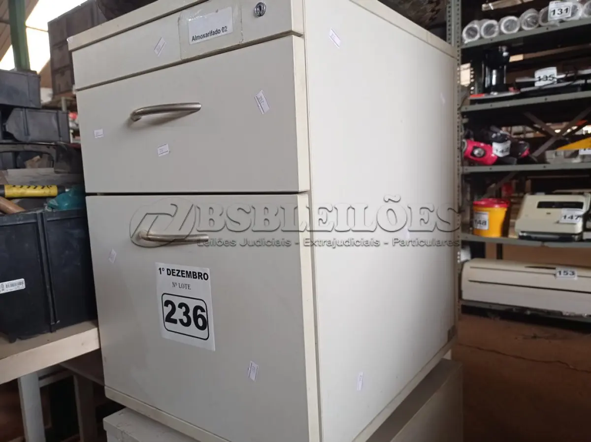 LOTE 236 - 02 GAVETEIROS COM 02 GAVETAS. (NO ESTADO) ATENÇÃO! FAZER A VISITAÇÃO ANTES DE ARREMATAR, NÃO SABEMOS SE FUNCIONA. LEILÃO NÃO TEM GARANTIA E NEM DEVOLUÇÃO, SUJEITO A POSSÍVEIS AVARIAS VISÍVEIS/OCULTAS E/OU AUSÊNCIA DE COMPONENTES.