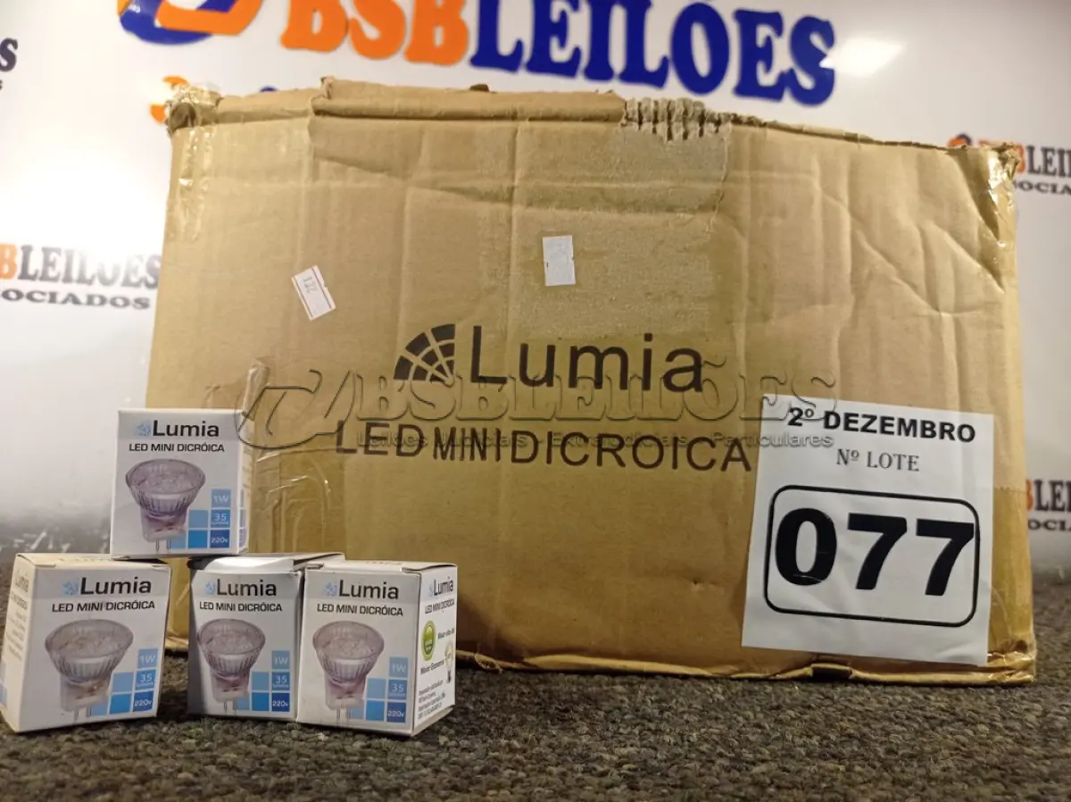 LOTE 077 - 01 LOTE COM APROXIMADAMENTE 80 LÂMPADAS DICROICA 1W 220V. (NO ESTADO) ATENÇÃO! FAZER A VISITAÇÃO ANTES DE ARREMATAR, NÃO SABEMOS SE FUNCIONA. LEILÃO NÃO TEM GARANTIA E NEM DEVOLUÇÃO, SUJEITO A POSSÍVEIS AVARIAS VISÍVEIS/OCULTAS E/OU AUSÊNCIA DE COMPONENTES.