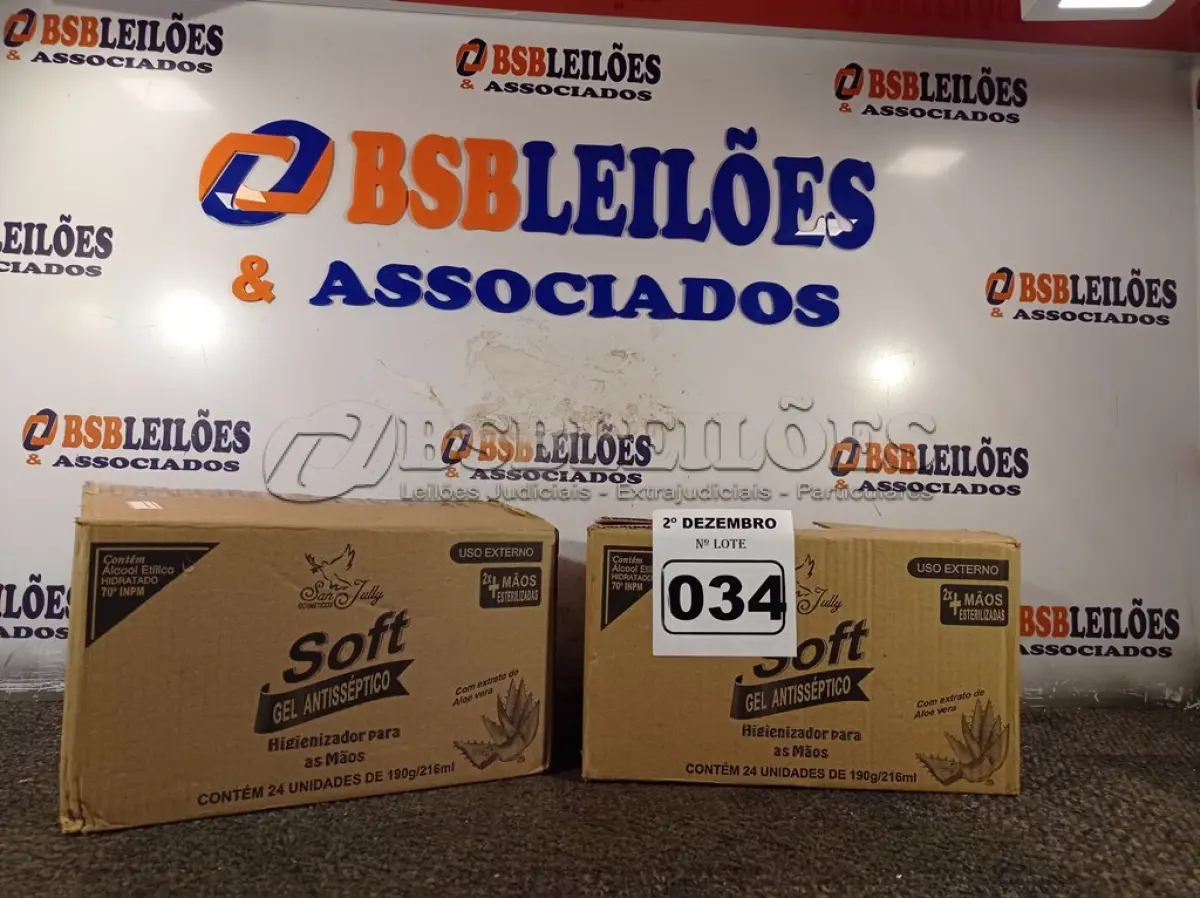 LOTE 034 - 02 CAIXAS COM FRASCOS DE ÁLCOOL ETÍLICO HIDRATADO 70º 190G COM 24 UNIDADES CADA. (NO ESTADO) ATENÇÃO! FAZER A VISITAÇÃO ANTES DE ARREMATAR, NÃO SABEMOS SE FUNCIONA. LEILÃO NÃO TEM GARANTIA E NEM DEVOLUÇÃO, SUJEITO A POSSÍVEIS AVARIAS VISÍVEIS/OCULTAS E/OU AUSÊNCIA DE COMPONENTES.
