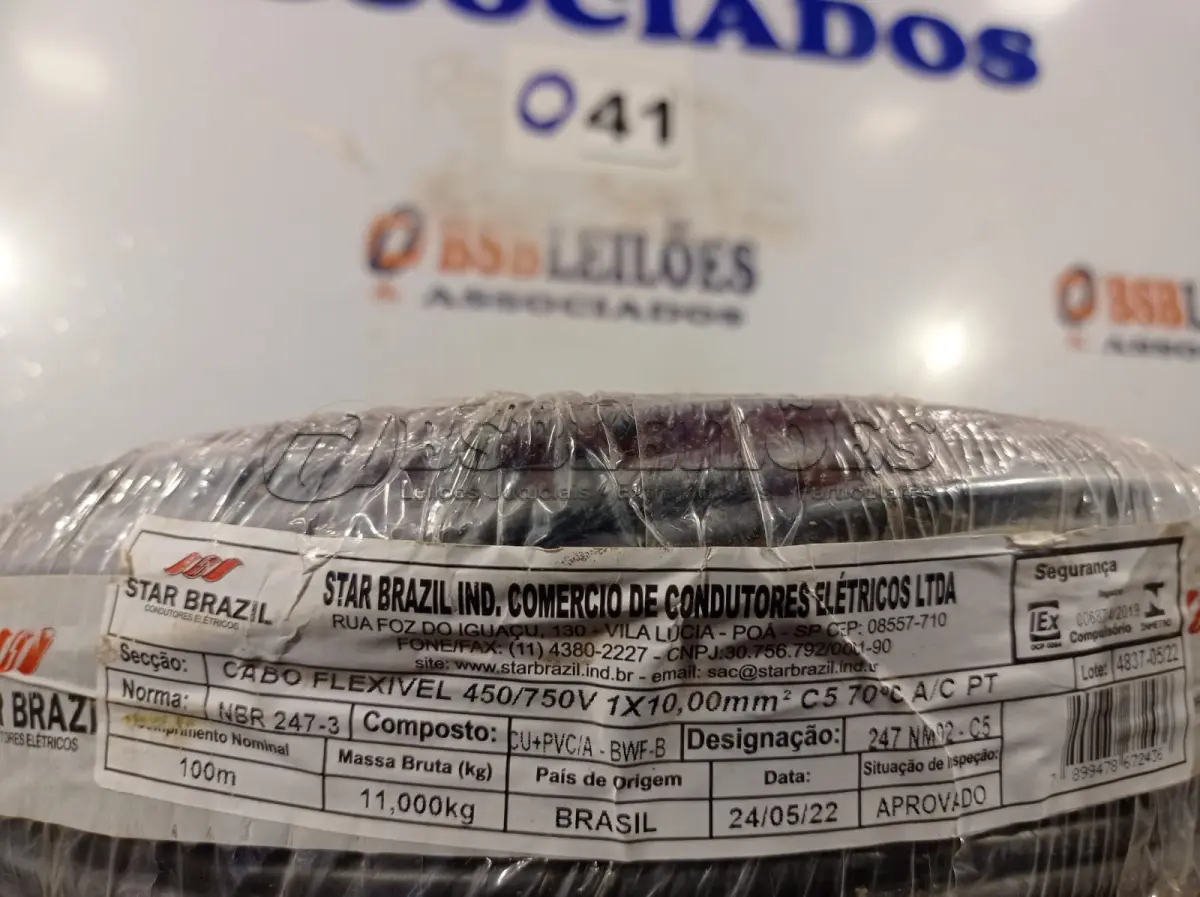 LOTE 041 - 01 ROLO DE CABO FLEXÍVEL 100M 1X10MM COR PRETA STAR BRAZIL COM SELO INMETRO. (NOVO). (NO ESTADO, NÃO SABEMOS SE FUNCIONA. LEILÃO NÃO TEM GARANTIA E NEM DEVOLUÇÃO).