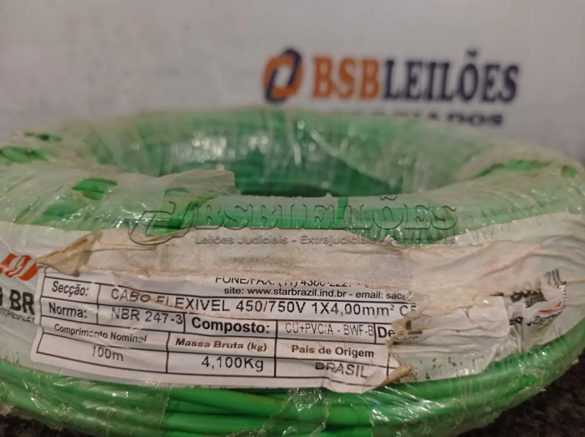 LOTE 095 - 01 ROLO DE CABO FLEXÍVEL 100M 1X10MM STAR BRAZIL COM SELO INMETRO. (NOVO). (NO ESTADO, NÃO SABEMOS SE FUNCIONA. LEILÃO NÃO TEM GARANTIA E NEM DEVOLUÇÃO).