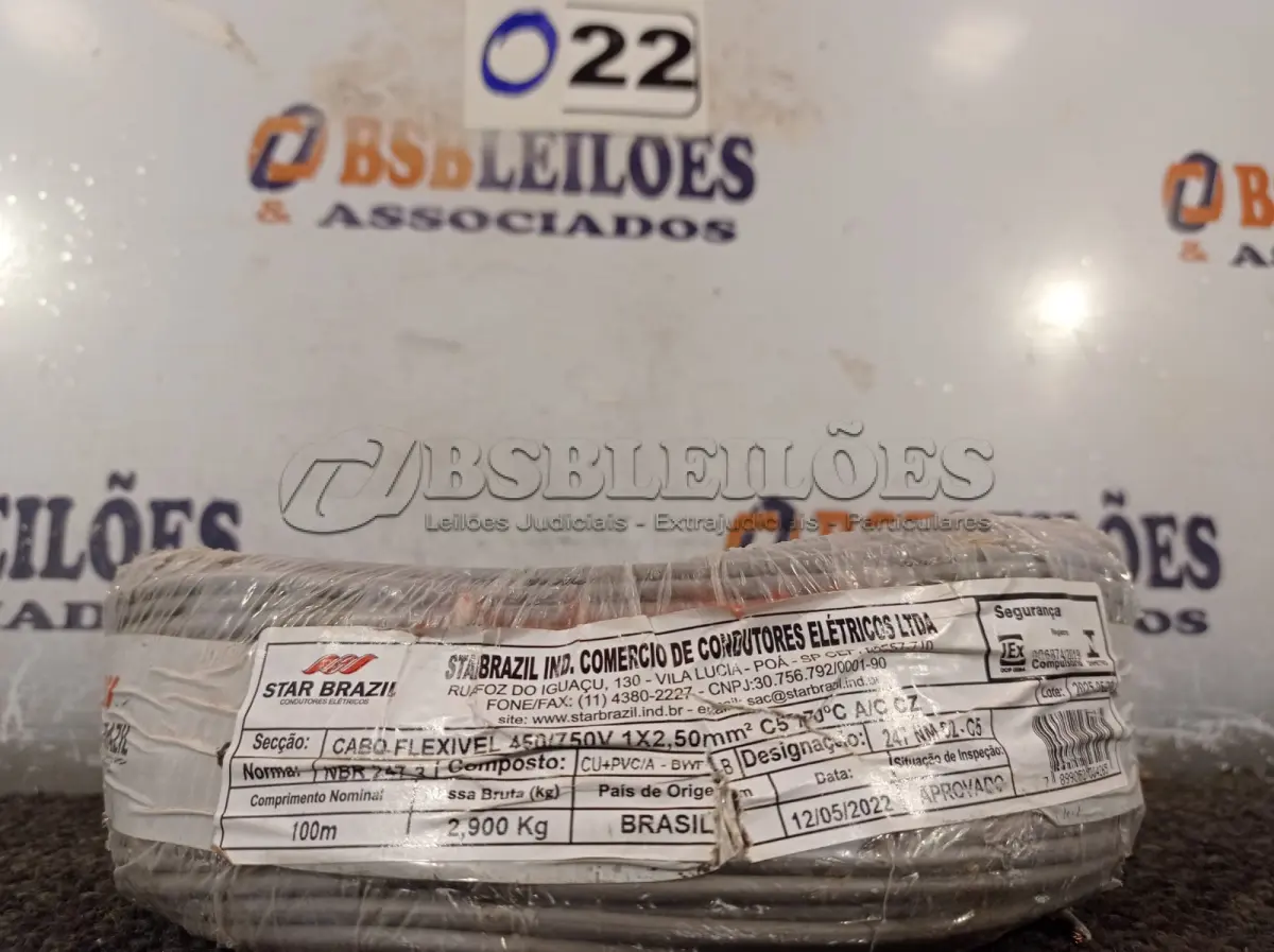 LOTE 022 - 01 ROLO DE CABO FLEXÍVEL 100M 1X2,5MM COR CINZA STAR BRAZIL COM SELO INMETRO. (NOVO). (NO ESTADO, NÃO SABEMOS SE FUNCIONA. LEILÃO NÃO TEM GARANTIA E NEM DEVOLUÇÃO).