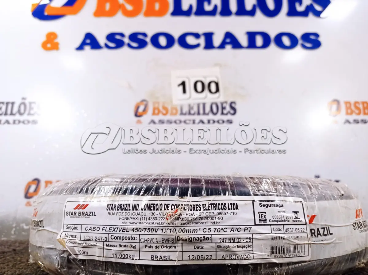 LOTE 100 - 01 ROLO DE CABO FLEXÍVEL 100M 1X10MM COR PRETA STAR BRAZIL COM SELO INMETRO. (NOVO). (NO ESTADO, NÃO SABEMOS SE FUNCIONA. LEILÃO NÃO TEM GARANTIA E NEM DEVOLUÇÃO).