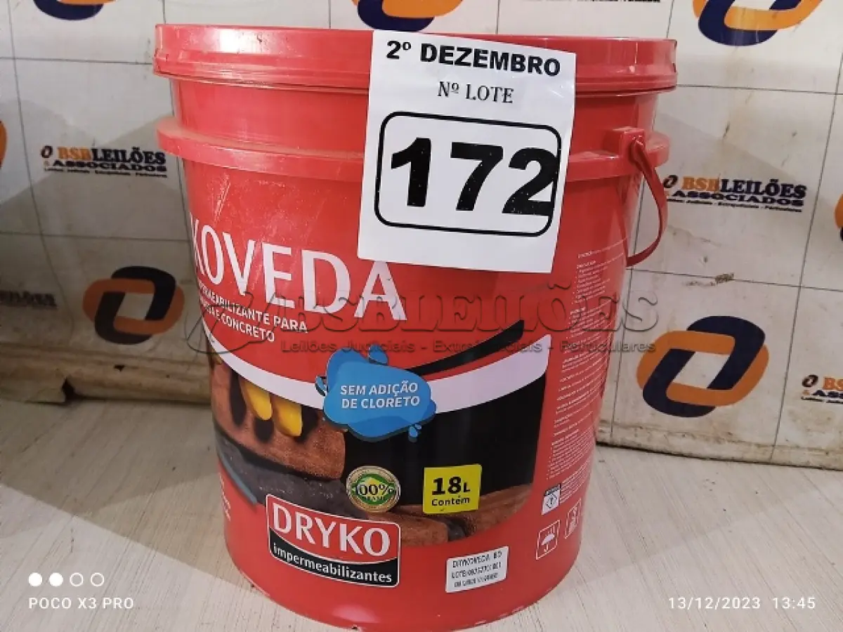 LOTE 172 - 01 BALDE DE DRYKOVEDA, ADITIVO IMPERMEABILIZANTE PARA ARGAMASSA E CONCRETO 18L. (NO ESTADO) ATENÇÃO! FAZER A VISITAÇÃO ANTES DE ARREMATAR, NÃO SABEMOS SE FUNCIONA. LEILÃO NÃO TEM GARANTIA E NEM DEVOLUÇÃO, SUJEITO A POSSÍVEIS AVARIAS VISÍVEIS/OCULTAS E/OU AUSÊNCIA DE COMPONENTES.