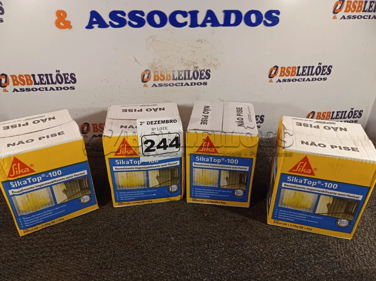 LOTE 244 - 04 CAIXAS DE SIKA TOP-100, REVESTIMENTO IMPERMEABILIZANTE SEMI-FLEXIVEL 4KG. (NO ESTADO) ATENÇÃO! FAZER A VISITAÇÃO ANTES DE ARREMATAR, NÃO SABEMOS SE FUNCIONA. LEILÃO NÃO TEM GARANTIA E NEM DEVOLUÇÃO, SUJEITO A POSSÍVEIS AVARIAS VISÍVEIS/OCULTAS E/OU AUSÊNCIA DE COMPONENTES.