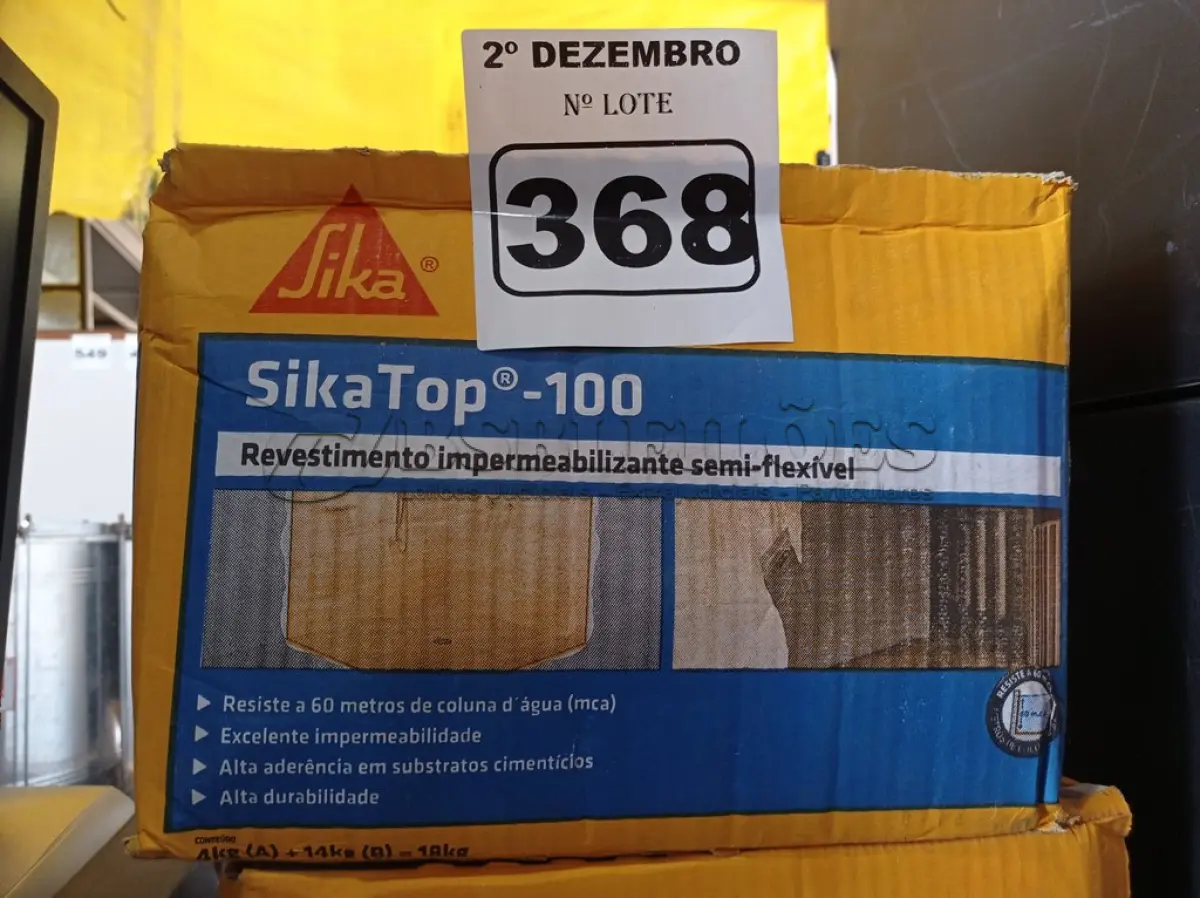 LOTE 368 - 02 CAIXAS DE SIKA TOP-100, REVESTIMENTO IMPERMEABILIZANTE SEMI-FLEXIVEL 18KG. (NO ESTADO) ATENÇÃO! FAZER A VISITAÇÃO ANTES DE ARREMATAR, NÃO SABEMOS SE FUNCIONA. LEILÃO NÃO TEM GARANTIA E NEM DEVOLUÇÃO, SUJEITO A POSSÍVEIS AVARIAS VISÍVEIS/OCULTAS E/OU AUSÊNCIA DE COMPONENTES.