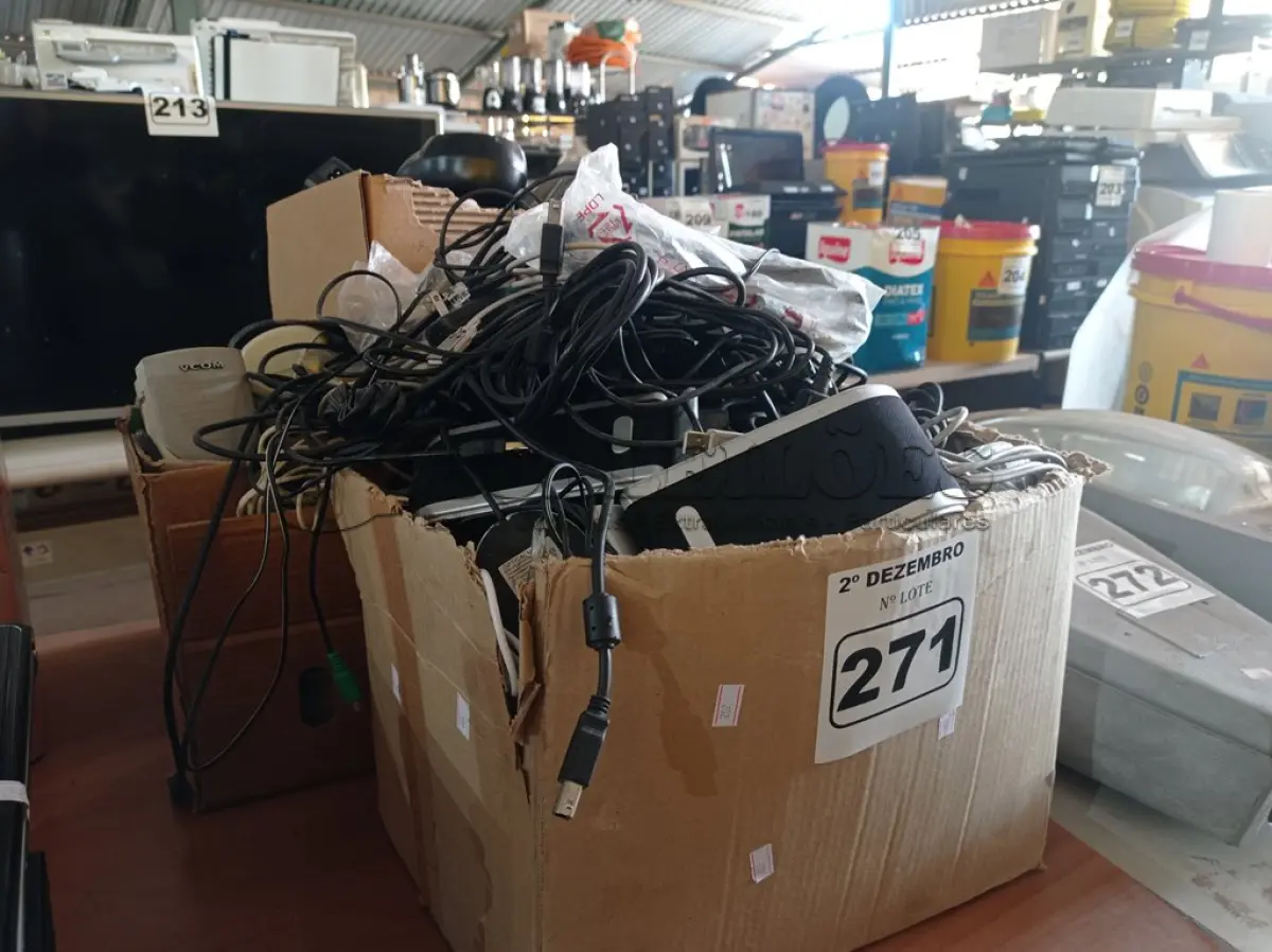 LOTE 271 - 01 LOTE COM GRANDE QUANTIDADE DE CABOS E PERIFÉRICOS DE INFORMÁTICA DIVERSOS. (NO ESTADO) ATENÇÃO! FAZER A VISITAÇÃO ANTES DE ARREMATAR, NÃO SABEMOS SE FUNCIONA. LEILÃO NÃO TEM GARANTIA E NEM DEVOLUÇÃO, SUJEITO A POSSÍVEIS AVARIAS VISÍVEIS/OCULTAS E/OU AUSÊNCIA DE COMPONENTES.