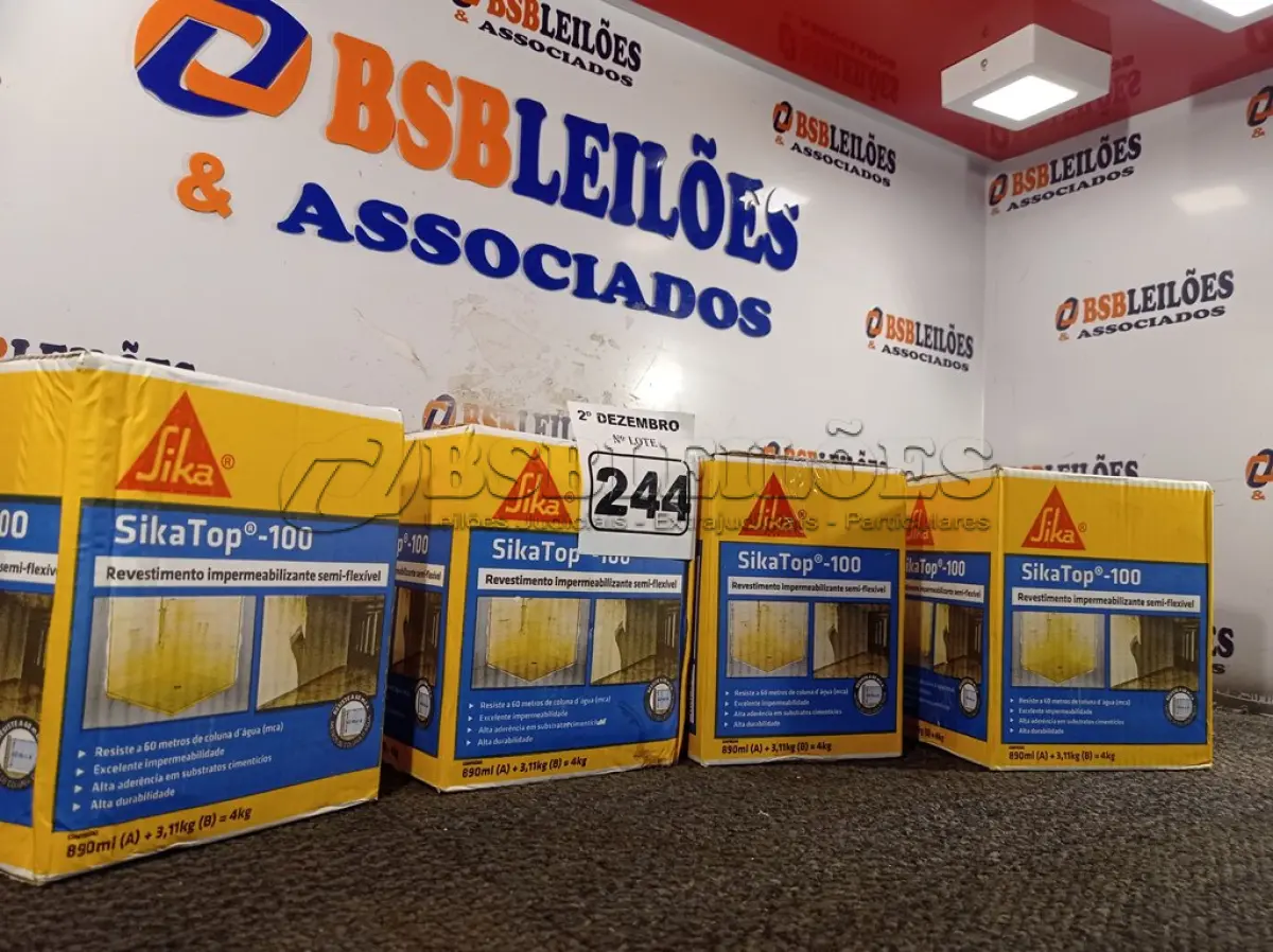 LOTE 244 - 04 CAIXAS DE SIKA TOP-100, REVESTIMENTO IMPERMEABILIZANTE SEMI-FLEXIVEL 4KG. (NO ESTADO) ATENÇÃO! FAZER A VISITAÇÃO ANTES DE ARREMATAR, NÃO SABEMOS SE FUNCIONA. LEILÃO NÃO TEM GARANTIA E NEM DEVOLUÇÃO, SUJEITO A POSSÍVEIS AVARIAS VISÍVEIS/OCULTAS E/OU AUSÊNCIA DE COMPONENTES.