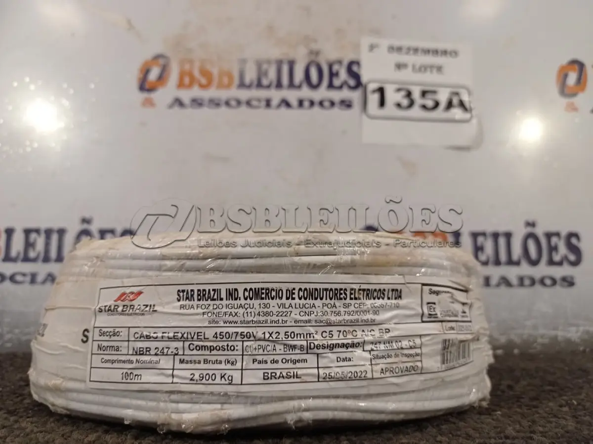 LOTE 135 - 01 ROLO DE CABO FLEXÍVEL 100M 1X2,5MM NA COR BRANCA (NOVO). (NO ESTADO) ATENÇÃO! FAZER A VISITAÇÃO ANTES DE ARREMATAR, NÃO SABEMOS SE FUNCIONA. LEILÃO NÃO TEM GARANTIA E NEM DEVOLUÇÃO, SUJEITO A POSSÍVEIS AVARIAS VISÍVEIS/OCULTAS E/OU AUSÊNCIA DE COMPONENTES.