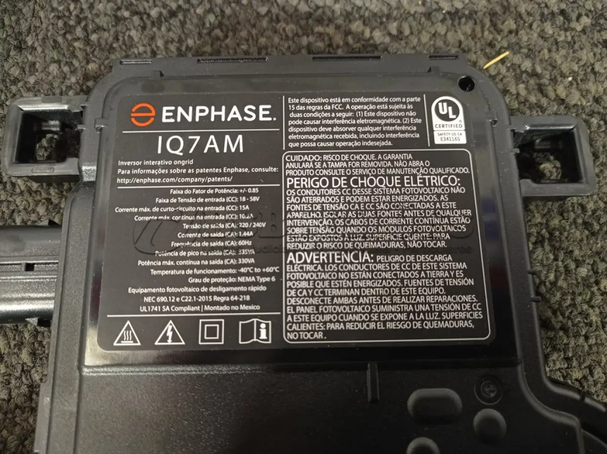 LOTE 268 - 05 MICRO INVERSORES ENPHASE IQ7AM-72-2-US. (NOVO) (NO ESTADO) ATENÇÃO! FAZER A VISITAÇÃO ANTES DE ARREMATAR, NÃO SABEMOS SE FUNCIONA. LEILÃO NÃO TEM GARANTIA E NEM DEVOLUÇÃO, SUJEITO A POSSÍVEIS AVARIAS VISÍVEIS/OCULTAS E/OU AUSÊNCIA DE COMPONENTES.