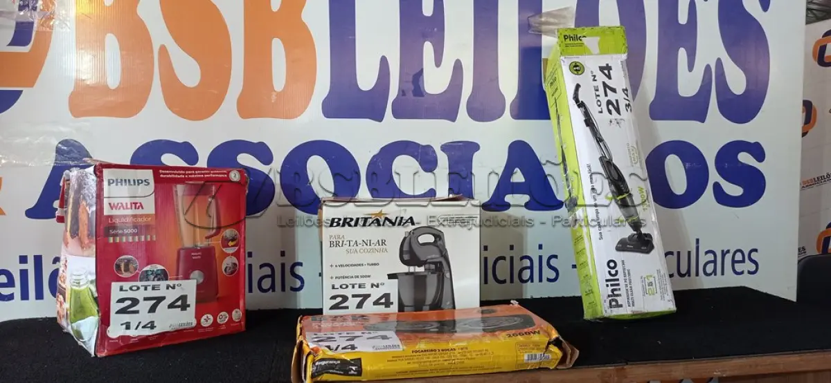 LOTE 274 - 01 – LIQUIDIFICADOR PHILIPS WALITA – 01 ASPIRADOR PHILCO – 01 BATEDEIRA BRITANIA – 01 FOGAREIRO 2 BOCAS (NO ESTADO, NÃO SABEMOS SE FUNCIONA. LEILÃO NÃO TEM GARANTIA E NEM DEVOLUÇÃO, SUJEITO A POSSÍVEIS AVARIAS VISÍVEIS/OCULTAS E/OU AUSÊNCIA DE COMPONENTES)