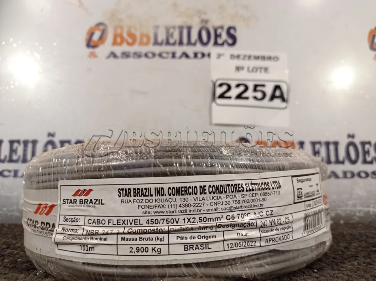 LOTE 225 - 01 ROLO DE CABO FLEXÍVEL 100M 1X2,5MM NA COR CINZA (NOVO). (NO ESTADO) ATENÇÃO! FAZER A VISITAÇÃO ANTES DE ARREMATAR, NÃO SABEMOS SE FUNCIONA. LEILÃO NÃO TEM GARANTIA E NEM DEVOLUÇÃO, SUJEITO A POSSÍVEIS AVARIAS VISÍVEIS/OCULTAS E/OU AUSÊNCIA DE COMPONENTES.