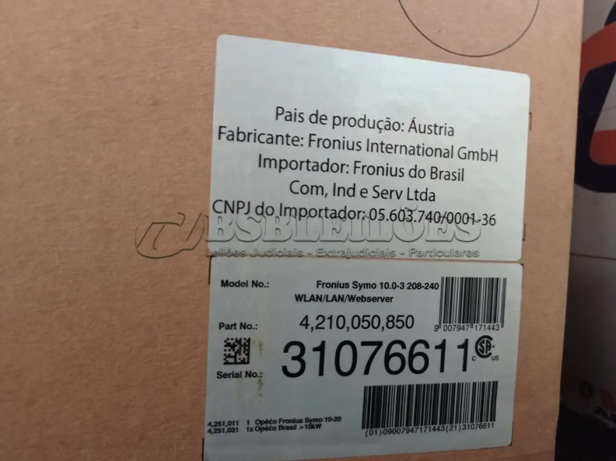 LOTE 404 - 01 INVERSOR FRONIUS SYMO 10.0-3 208-240. (NO ESTADO) ATENÇÃO! FAZER A VISITAÇÃO ANTES DE ARREMATAR, NÃO SABEMOS SE FUNCIONA. LEILÃO NÃO TEM GARANTIA E NEM DEVOLUÇÃO, SUJEITO A POSSÍVEIS AVARIAS VISÍVEIS/OCULTAS E/OU AUSÊNCIA DE COMPONENTES.