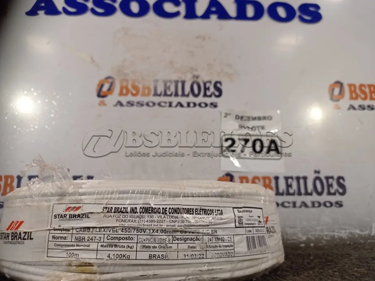 LOTE 270 - 01 ROLO DE CABO FLEXÍVEL 100M 1X4MM NA COR BRANCA (NOVO). (NO ESTADO) ATENÇÃO! FAZER A VISITAÇÃO ANTES DE ARREMATAR, NÃO SABEMOS SE FUNCIONA. LEILÃO NÃO TEM GARANTIA E NEM DEVOLUÇÃO, SUJEITO A POSSÍVEIS AVARIAS VISÍVEIS/OCULTAS E/OU AUSÊNCIA DE COMPONENTES.