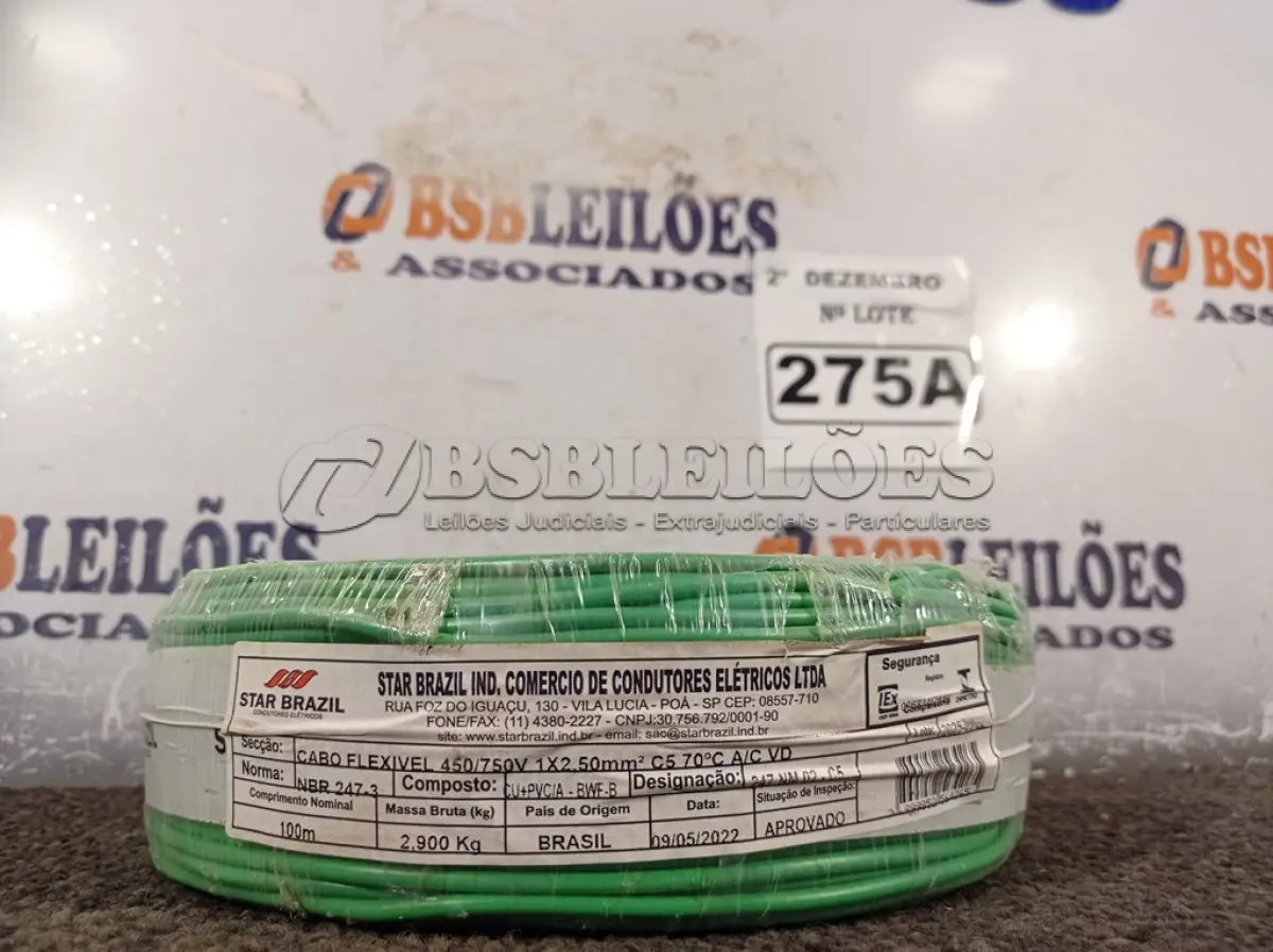 LOTE 275 - 01 ROLO DE CABO FLEXÍVEL 100M 1X2,5MM NA COR VERDE (NOVO). (NO ESTADO) ATENÇÃO! FAZER A VISITAÇÃO ANTES DE ARREMATAR, NÃO SABEMOS SE FUNCIONA. LEILÃO NÃO TEM GARANTIA E NEM DEVOLUÇÃO, SUJEITO A POSSÍVEIS AVARIAS VISÍVEIS/OCULTAS E/OU AUSÊNCIA DE COMPONENTES.