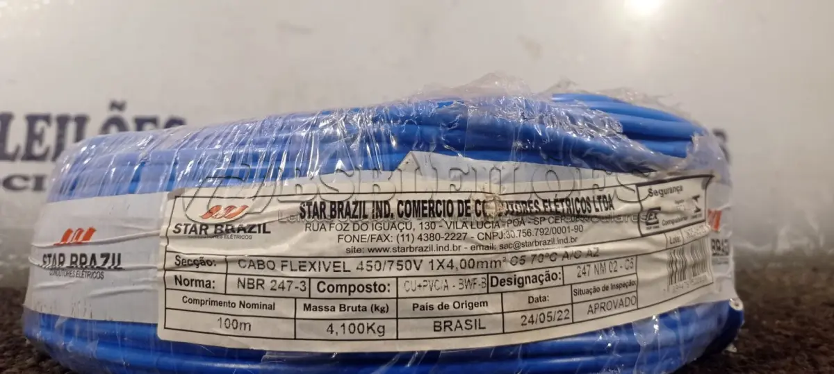 LOTE 099 - 01 ROLO DE CABO FLEXÍVEL 100M 1X2,5MM COR AZUL STAR BRAZIL COM SELO INMETRO. (NOVO). (NO ESTADO, NÃO SABEMOS SE FUNCIONA. LEILÃO NÃO TEM GARANTIA E NEM DEVOLUÇÃO)