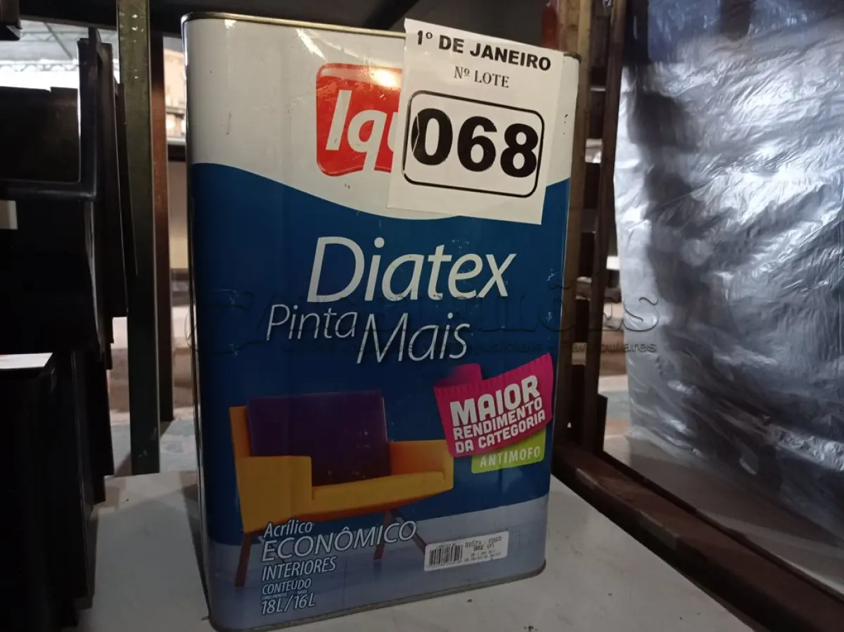 LOTE 068 - 01 LATA DE TINTA IQUINE DIATEX PINTA MAIS 18L BASE “P”. (NO ESTADO) ATENÇÃO! FAZER A VISITAÇÃO ANTES DE ARREMATAR, NÃO SABEMOS SE FUNCIONA. LEILÃO NÃO TEM GARANTIA E NEM DEVOLUÇÃO, SUJEITO A POSSÍVEIS AVARIAS VISÍVEIS/OCULTAS E/OU AUSÊNCIA DE COMPONENTES.