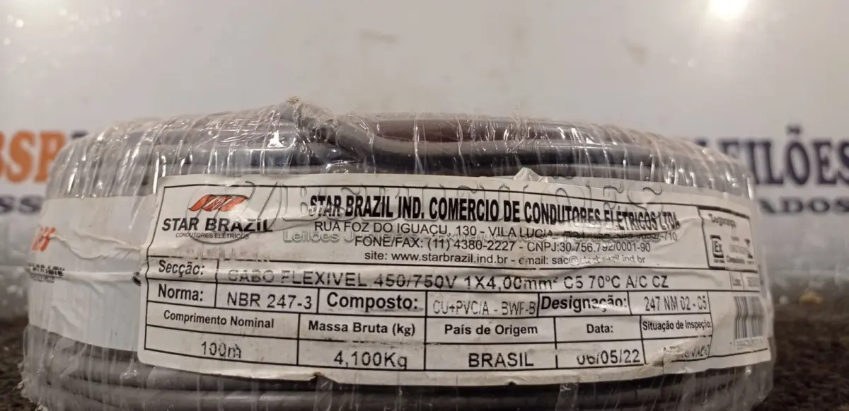 LOTE 098 - 01 ROLO DE CABO FLEXÍVEL 100M 1X2,5MM COR PRETA STAR BRAZIL COM SELO INMETRO. (NOVO). (NO ESTADO, NÃO SABEMOS SE FUNCIONA. LEILÃO NÃO TEM GARANTIA E NEM DEVOLUÇÃO)