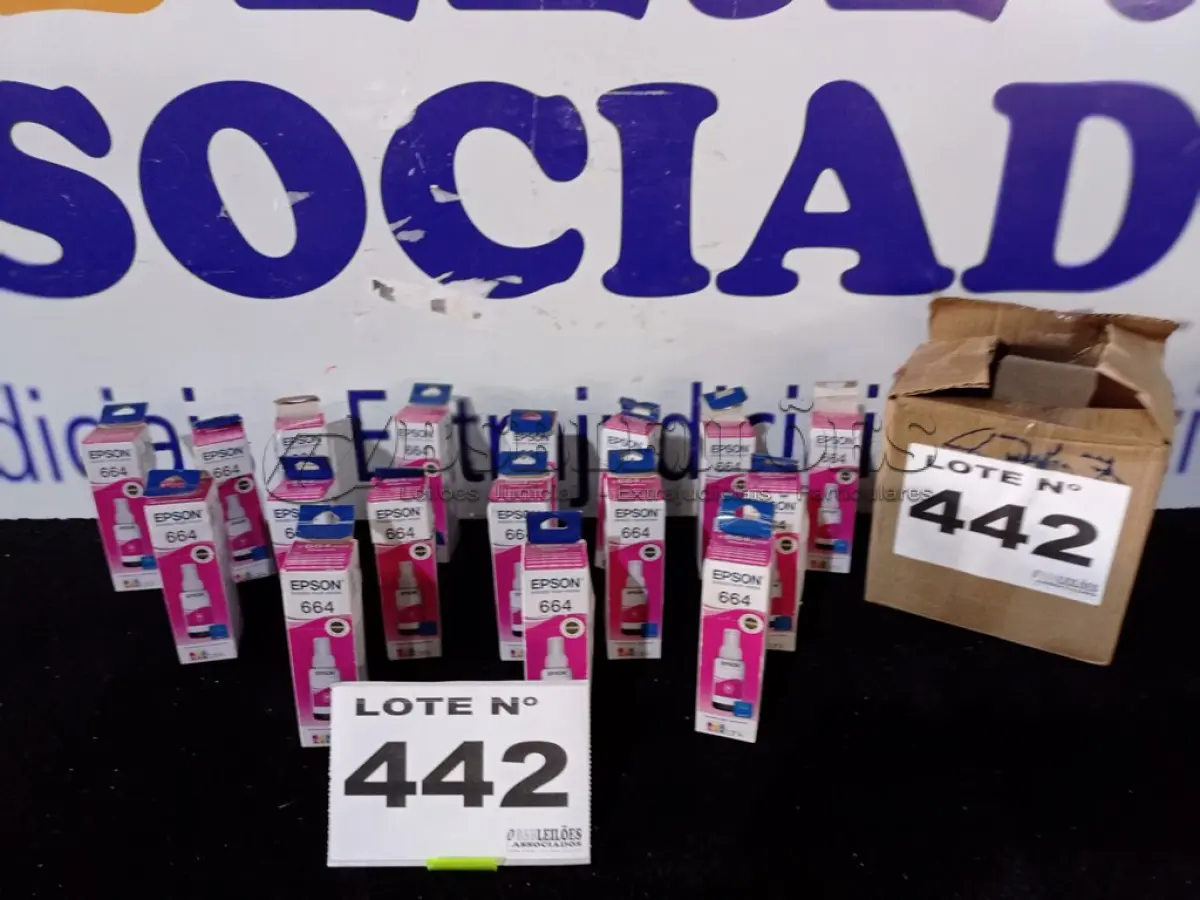 LOTE 442 - 17 - GARRAFAS DE TINTA EPSON (NO ESTADO, NÃO SABEMOS SE FUNCIONA. LEILÃO NÃO TEM GARANTIA E NEM DEVOLUÇÃO, SUJEITO A POSSÍVEIS AVARIAS VISÍVEIS/OCULTAS E/OU AUSÊNCIA DE COMPONENTES)