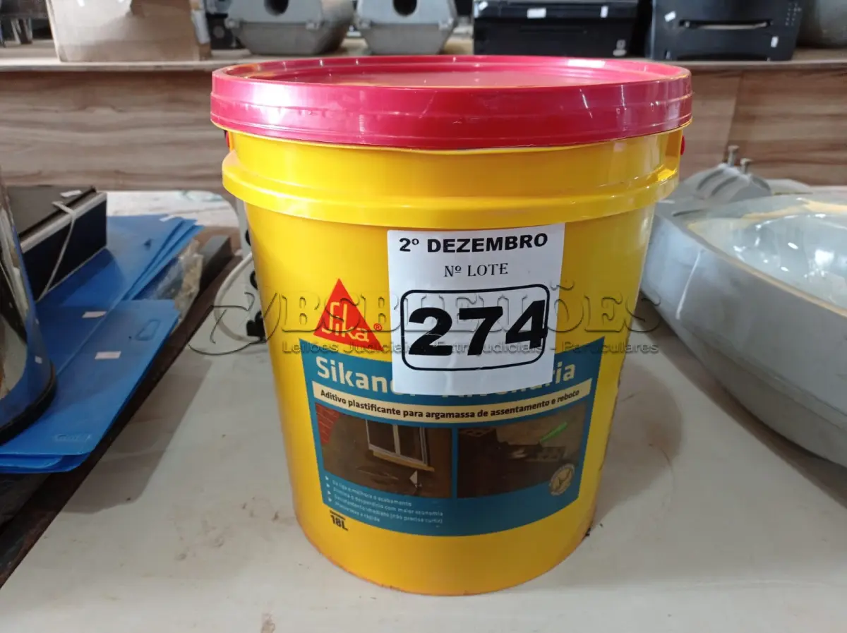 LOTE 274 - 01 BALDE DE SIKANOL ALVENARIA, ADITIVO PLASTIFICANTE PARA ARGAMASSA DE ASSENTAMENTO E REBOCO 18L. (NO ESTADO) ATENÇÃO! FAZER A VISITAÇÃO ANTES DE ARREMATAR, NÃO SABEMOS SE FUNCIONA. LEILÃO NÃO TEM GARANTIA E NEM DEVOLUÇÃO, SUJEITO A POSSÍVEIS AVARIAS VISÍVEIS/OCULTAS E/OU AUSÊNCIA DE COMPONENTES.