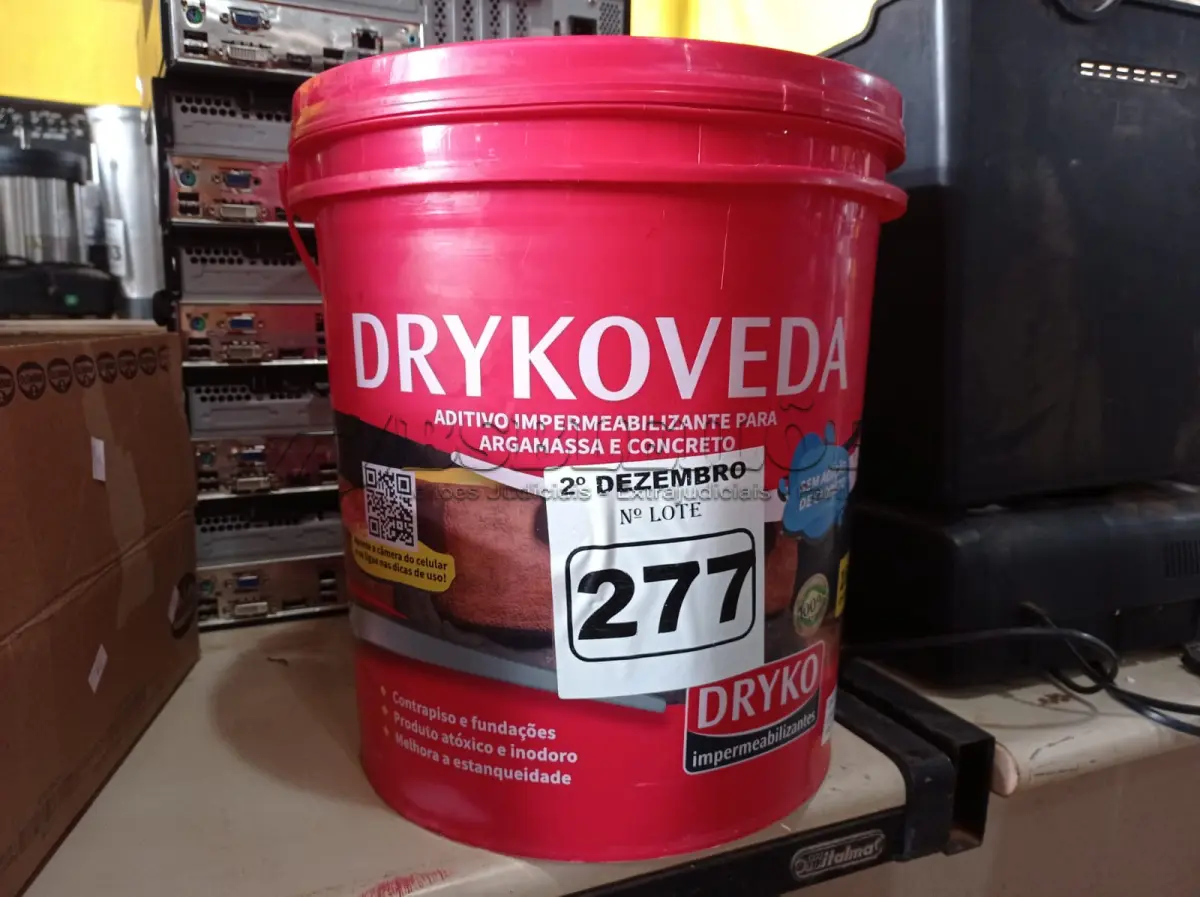 LOTE 277 - 01 BALDE DE DRYKOVEDA, ADITIVO IMPERMEABILIZANTE PARA ARGAMASSA E CONCRETO 18L. (NO ESTADO) ATENÇÃO! FAZER A VISITAÇÃO ANTES DE ARREMATAR, NÃO SABEMOS SE FUNCIONA. LEILÃO NÃO TEM GARANTIA E NEM DEVOLUÇÃO, SUJEITO A POSSÍVEIS AVARIAS VISÍVEIS/OCULTAS E/OU AUSÊNCIA DE COMPONENTES.