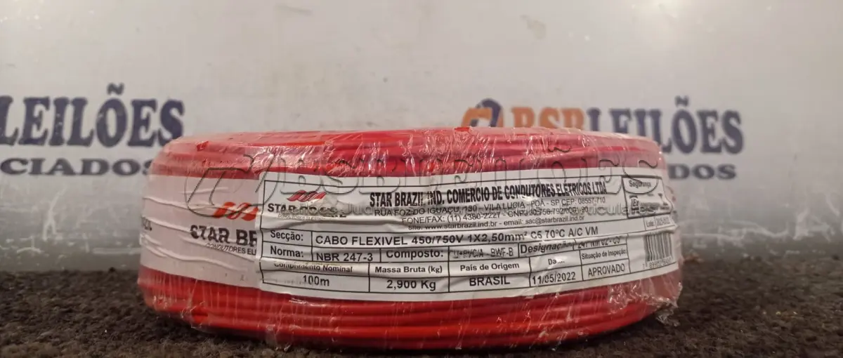 LOTE 355 - 01 ROLO DE CABO FLEXÍVEL 100M 1X2,5MM COR VERMELHO STAR BRAZIL COM SELO INMETRO. (NOVO). (NO ESTADO, NÃO SABEMOS SE FUNCIONA. LEILÃO NÃO TEM GARANTIA E NEM DEVOLUÇÃO)