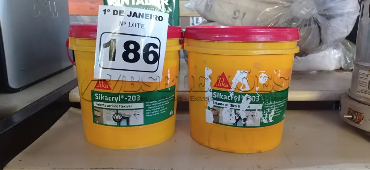 LOTE 186 - 02 BALDES DE SIKACRYL 203, SELANTE ACRÍLICO FLEXÍVEL. (NO ESTADO) ATENÇÃO! FAZER A VISITAÇÃO ANTES DE ARREMATAR, NÃO SABEMOS SE FUNCIONA. LEILÃO NÃO TEM GARANTIA E NEM DEVOLUÇÃO, SUJEITO A POSSÍVEIS AVARIAS VISÍVEIS/OCULTAS E/OU AUSÊNCIA DE COMPONENTES.