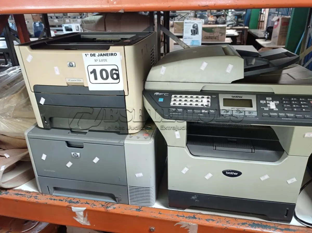 LOTE 106 - 03 IMPRESSORAS SENDO 01 MULTIFUNCIONAL BROTHER MFC 8860DN. (NO ESTADO) ATENÇÃO! FAZER A VISITAÇÃO ANTES DE ARREMATAR, NÃO SABEMOS SE FUNCIONA. LEILÃO NÃO TEM GARANTIA E NEM DEVOLUÇÃO, SUJEITO A POSSÍVEIS AVARIAS VISÍVEIS/OCULTAS E/OU AUSÊNCIA DE COMPONENTES.