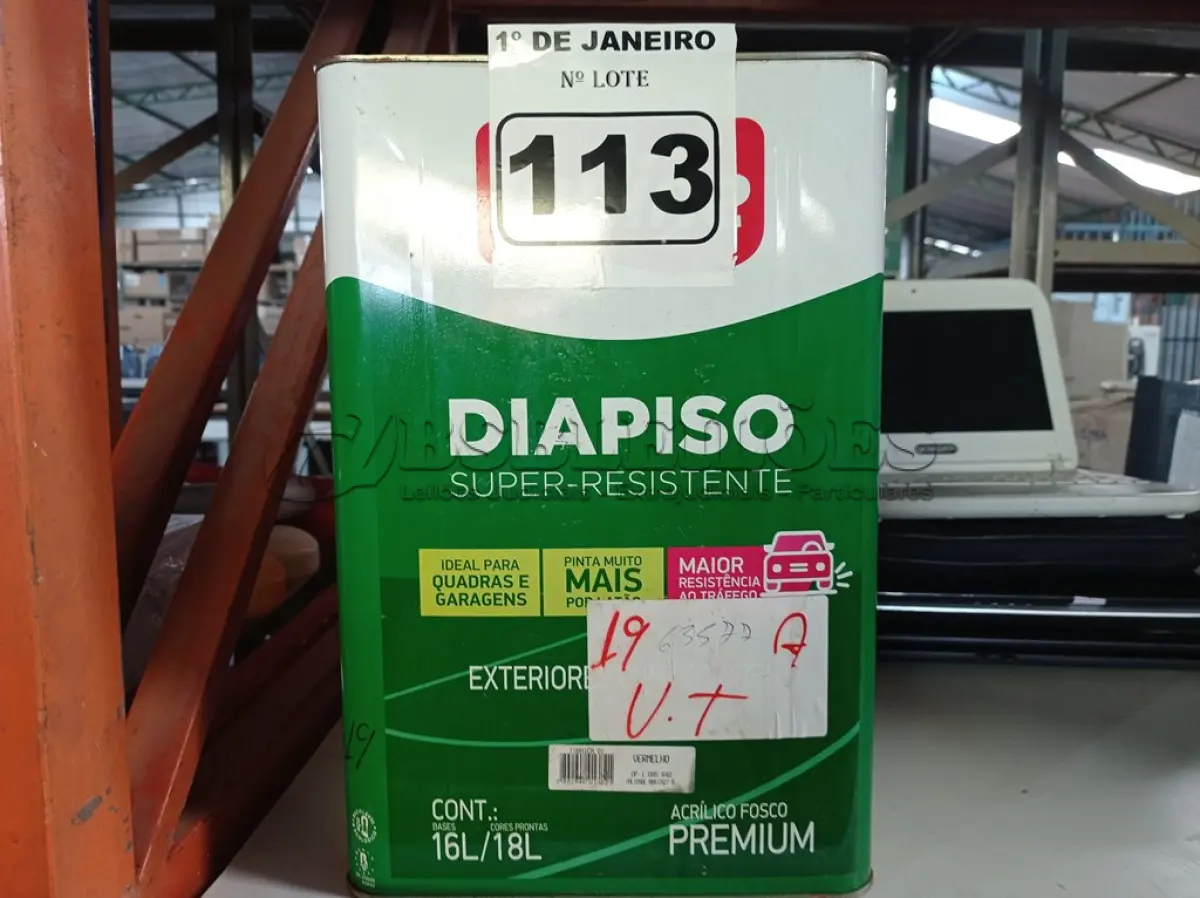 LOTE 113 - 01 LATA DE TINTA IQUINE DIAPISO SUPER RESISTENTE 18L NA COR VERMELHA. (NO ESTADO) ATENÇÃO! FAZER A VISITAÇÃO ANTES DE ARREMATAR, NÃO SABEMOS SE FUNCIONA. LEILÃO NÃO TEM GARANTIA E NEM DEVOLUÇÃO, SUJEITO A POSSÍVEIS AVARIAS VISÍVEIS/OCULTAS E/OU AUSÊNCIA DE COMPONENTES.