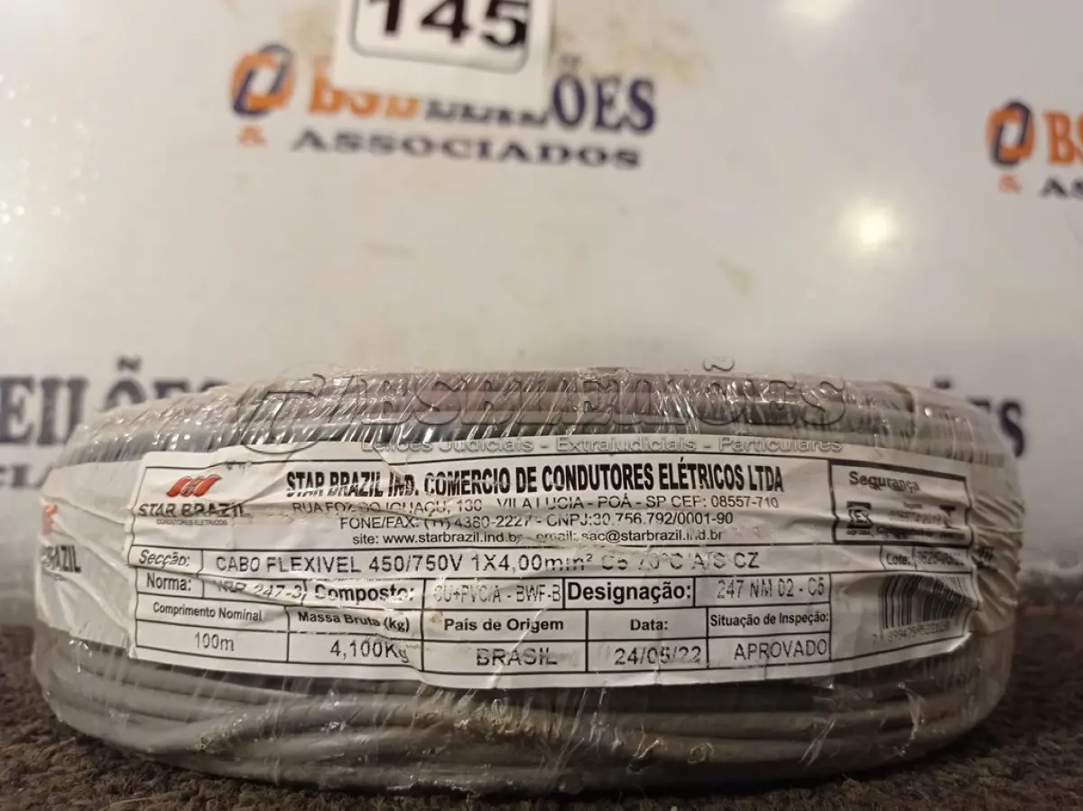 LOTE 145 - 01 ROLO DE CABO FLEXÍVEL 100M 1X4MM NA COR CINZA(NOVO). (NO ESTADO) ATENÇÃO! FAZER A VISITAÇÃO ANTES DE ARREMATAR, NÃO SABEMOS SE FUNCIONA. LEILÃO NÃO TEM GARANTIA E NEM DEVOLUÇÃO, SUJEITO A POSSÍVEIS AVARIAS VISÍVEIS/OCULTAS E/OU AUSÊNCIA DE COMPONENTES.