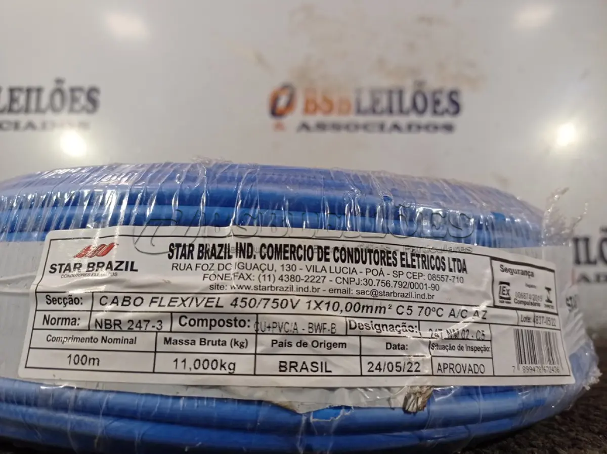 LOTE 375 - 01 ROLO DE CABO FLEXÍVEL 100M 1X10MM NA COR AZUL. (NOVO). (NO ESTADO) ATENÇÃO! FAZER A VISITAÇÃO ANTES DE ARREMATAR, NÃO SABEMOS SE FUNCIONA. LEILÃO NÃO TEM GARANTIA E NEM DEVOLUÇÃO, SUJEITO A POSSÍVEIS AVARIAS VISÍVEIS/OCULTAS E/OU AUSÊNCIA DE COMPONENTES.