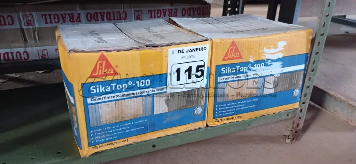 LOTE 115 - 02 CAIXAS DE REVESTIMENTO IMPERMEABILIZANTE SEMI-FLEXIVEL SIKA TOP 100 18KG. (NO ESTADO) ATENÇÃO! FAZER A VISITAÇÃO ANTES DE ARREMATAR, NÃO SABEMOS SE FUNCIONA. LEILÃO NÃO TEM GARANTIA E NEM DEVOLUÇÃO, SUJEITO A POSSÍVEIS AVARIAS VISÍVEIS/OCULTAS E/OU AUSÊNCIA DE COMPONENTES.