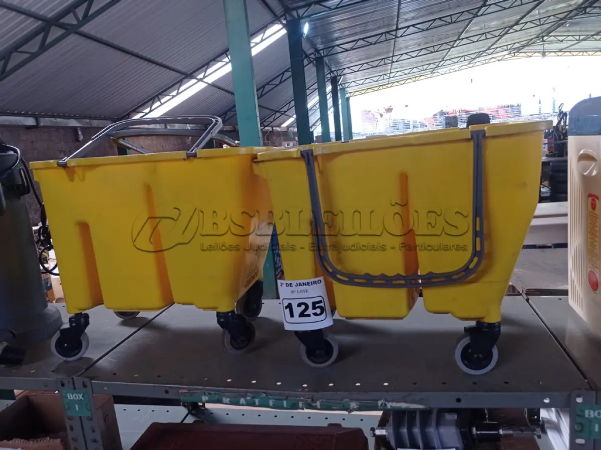 LOTE 125 - 02 BALDES DE LIMPEZA COM RODINHAS. (NO ESTADO) ATENÇÃO! FAZER A VISITAÇÃO ANTES DE ARREMATAR, NÃO SABEMOS SE FUNCIONA. LEILÃO NÃO TEM GARANTIA E NEM DEVOLUÇÃO, SUJEITO A POSSÍVEIS AVARIAS VISÍVEIS/OCULTAS E/OU AUSÊNCIA DE COMPONENTES.