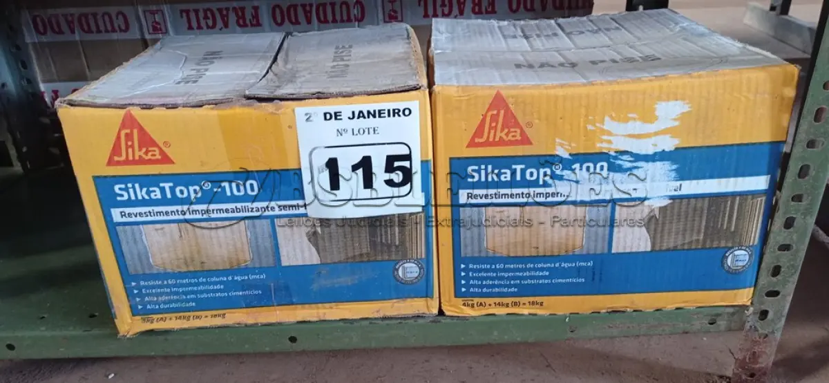 LOTE 115 - 02 CAIXAS DE REVESTIMENTO IMPERMEABILIZANTE SEMI-FLEXIVEL SIKA TOP 100 18KG. (NO ESTADO) ATENÇÃO! FAZER A VISITAÇÃO ANTES DE ARREMATAR, NÃO SABEMOS SE FUNCIONA. LEILÃO NÃO TEM GARANTIA E NEM DEVOLUÇÃO, SUJEITO A POSSÍVEIS AVARIAS VISÍVEIS/OCULTAS E/OU AUSÊNCIA DE COMPONENTES.