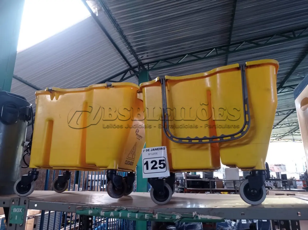 LOTE 125 - 02 BALDES DE LIMPEZA COM RODINHAS. (NO ESTADO) ATENÇÃO! FAZER A VISITAÇÃO ANTES DE ARREMATAR, NÃO SABEMOS SE FUNCIONA. LEILÃO NÃO TEM GARANTIA E NEM DEVOLUÇÃO, SUJEITO A POSSÍVEIS AVARIAS VISÍVEIS/OCULTAS E/OU AUSÊNCIA DE COMPONENTES.