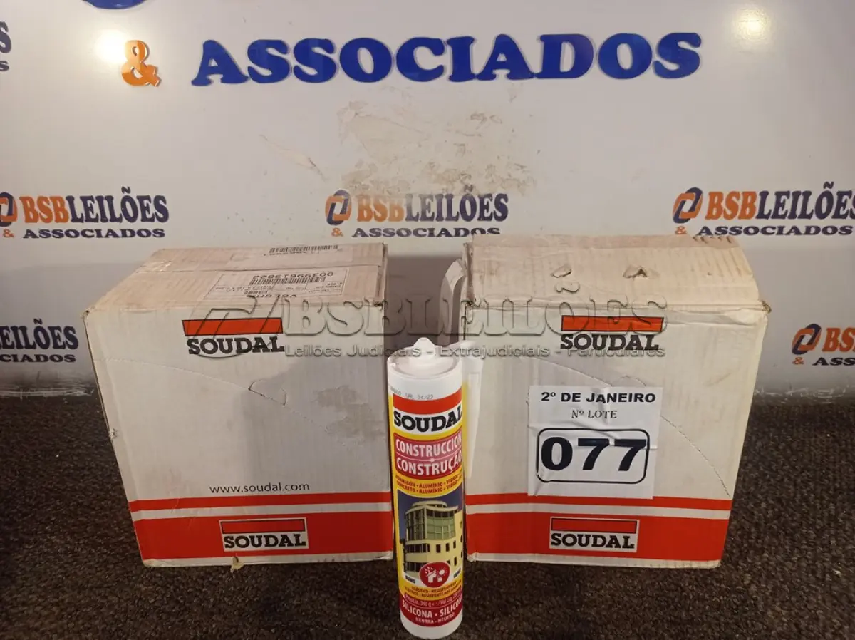 LOTE 077 - 02 CAIXAS DE SILICONE NEUTRO CONSTRUÇÃO COM 12 UNIDADES CADA MARCA SOUDAL. (NO ESTADO) ATENÇÃO! FAZER A VISITAÇÃO ANTES DE ARREMATAR, NÃO SABEMOS SE FUNCIONA. LEILÃO NÃO TEM GARANTIA E NEM DEVOLUÇÃO, SUJEITO A POSSÍVEIS AVARIAS VISÍVEIS/OCULTAS E/OU AUSÊNCIA DE COMPONENTES.