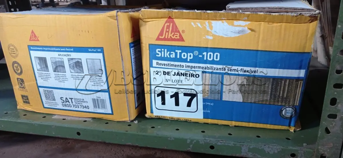 LOTE 117 - 02 CAIXAS DE REVESTIMENTO IMPERMEABILIZANTE SEMI-FLEXIVEL SIKA TOP 100 18KG. (NO ESTADO) ATENÇÃO! FAZER A VISITAÇÃO ANTES DE ARREMATAR, NÃO SABEMOS SE FUNCIONA. LEILÃO NÃO TEM GARANTIA E NEM DEVOLUÇÃO, SUJEITO A POSSÍVEIS AVARIAS VISÍVEIS/OCULTAS E/OU AUSÊNCIA DE COMPONENTES.