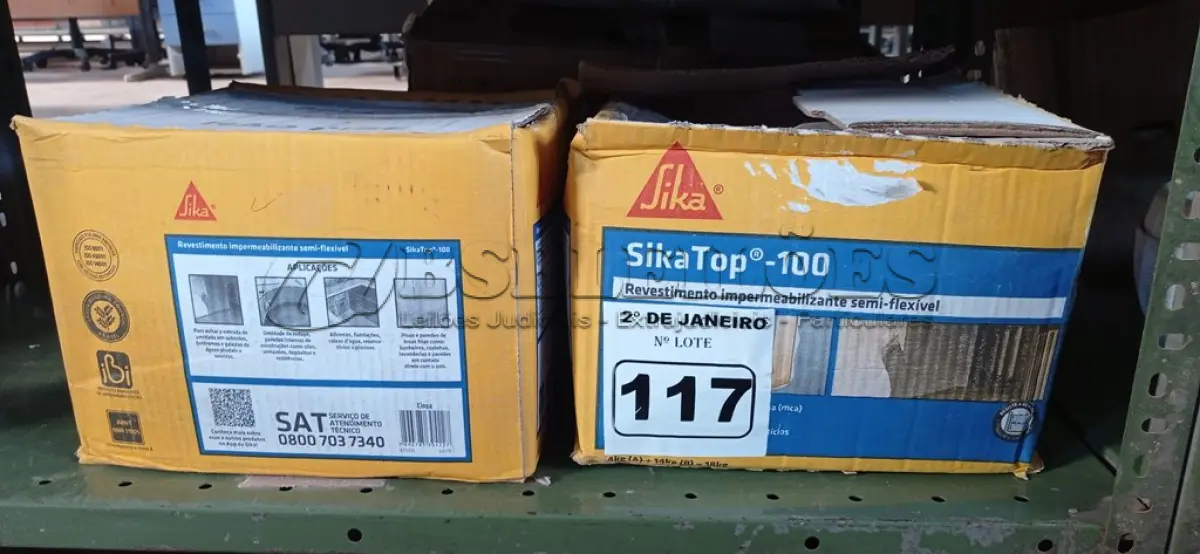LOTE 117 - 02 CAIXAS DE REVESTIMENTO IMPERMEABILIZANTE SEMI-FLEXIVEL SIKA TOP 100 18KG. (NO ESTADO) ATENÇÃO! FAZER A VISITAÇÃO ANTES DE ARREMATAR, NÃO SABEMOS SE FUNCIONA. LEILÃO NÃO TEM GARANTIA E NEM DEVOLUÇÃO, SUJEITO A POSSÍVEIS AVARIAS VISÍVEIS/OCULTAS E/OU AUSÊNCIA DE COMPONENTES.