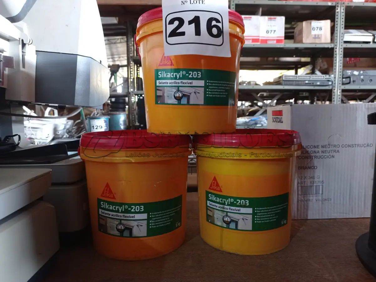 LOTE 216 - 03 BALDES DE SELANTE ACRÍLICO FLEXÍVEL SIKACRYL 203 5KG. (NO ESTADO) ATENÇÃO! FAZER A VISITAÇÃO ANTES DE ARREMATAR, NÃO SABEMOS SE FUNCIONA. LEILÃO NÃO TEM GARANTIA E NEM DEVOLUÇÃO, SUJEITO A POSSÍVEIS AVARIAS VISÍVEIS/OCULTAS E/OU AUSÊNCIA DE COMPONENTES.