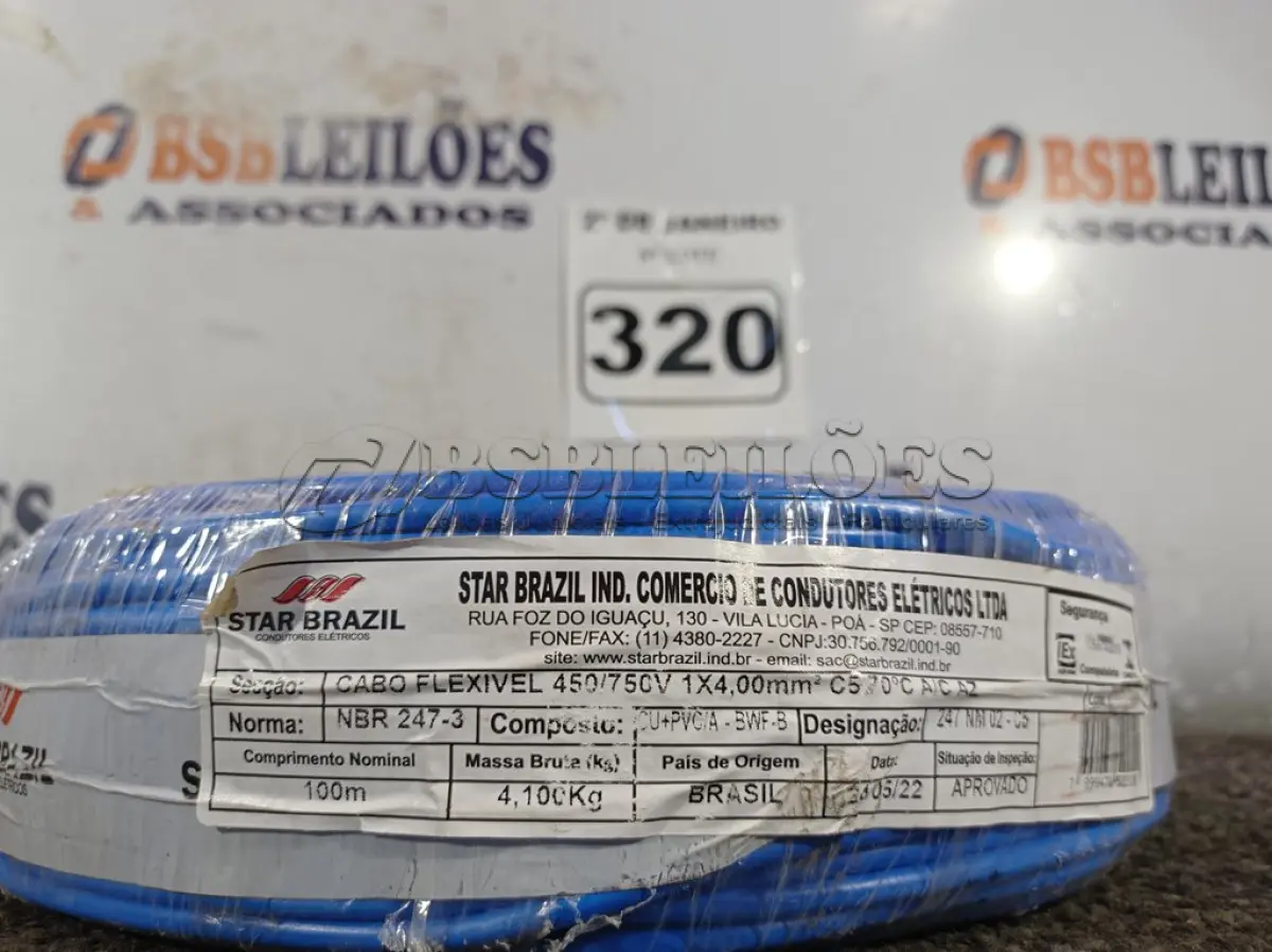 LOTE 320 - 01 ROLO DE CABO FLEXÍVEL 100M 1X4MM NA COR AZUL (NOVO). (NO ESTADO) ATENÇÃO! FAZER A VISITAÇÃO ANTES DE ARREMATAR, NÃO SABEMOS SE FUNCIONA. LEILÃO NÃO TEM GARANTIA E NEM DEVOLUÇÃO, SUJEITO A POSSÍVEIS AVARIAS VISÍVEIS/OCULTAS E/OU AUSÊNCIA DE COMPONENTES.