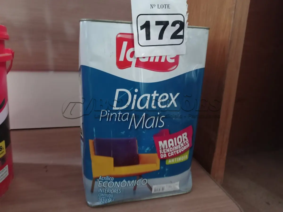 LOTE 172 - 01 LATA DE TINTA IQUINE DIATEX PINTA MAIS 18L FOSCO BASE “P”. (NO ESTADO) ATENÇÃO! FAZER A VISITAÇÃO ANTES DE ARREMATAR, NÃO SABEMOS SE FUNCIONA. LEILÃO NÃO TEM GARANTIA E NEM DEVOLUÇÃO, SUJEITO A POSSÍVEIS AVARIAS VISÍVEIS/OCULTAS E/OU AUSÊNCIA DE COMPONENTES.