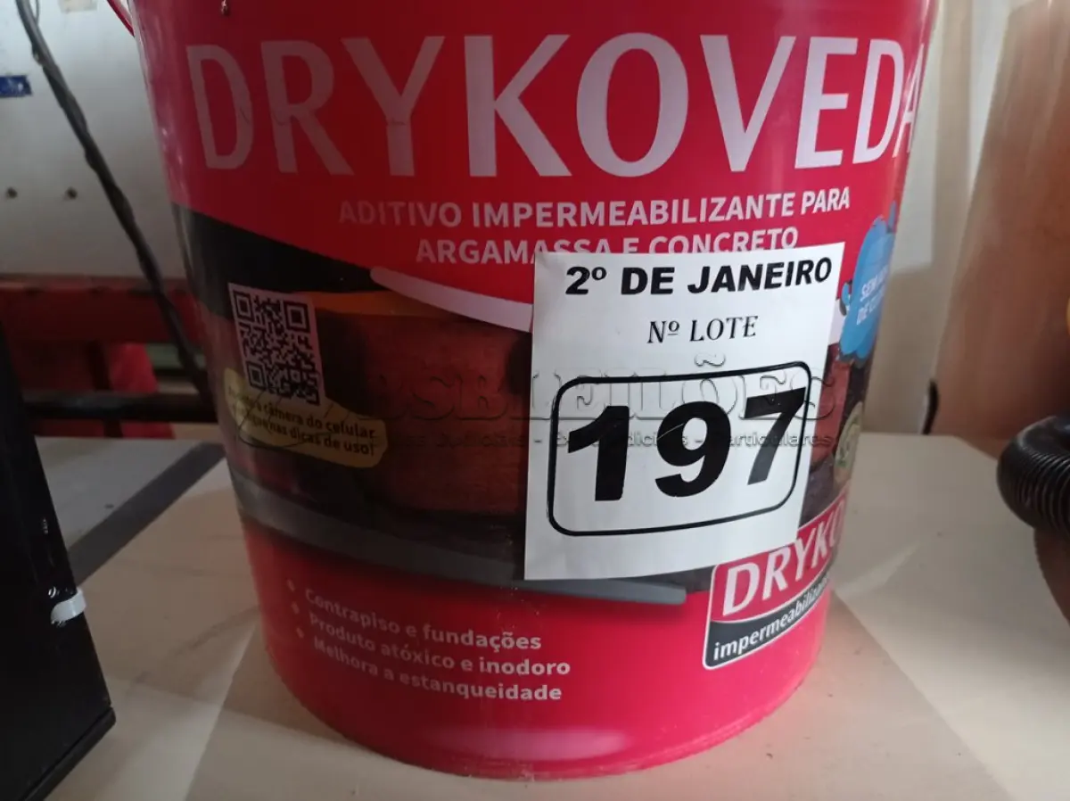 LOTE 197 - 01 ADITIVO IPERMEABILIZANTE PARA ARGAMASSA E CONCRETO MARCA DRIKOVEDA 18L. (NO ESTADO) ATENÇÃO! FAZER A VISITAÇÃO ANTES DE ARREMATAR, NÃO SABEMOS SE FUNCIONA. LEILÃO NÃO TEM GARANTIA E NEM DEVOLUÇÃO, SUJEITO A POSSÍVEIS AVARIAS VISÍVEIS/OCULTAS E/OU AUSÊNCIA DE COMPONENTES.