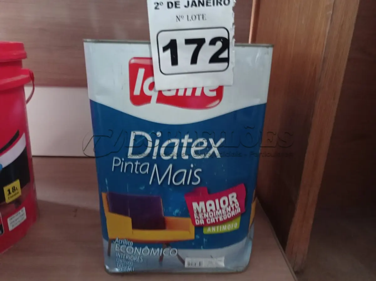 LOTE 172 - 01 LATA DE TINTA IQUINE DIATEX PINTA MAIS 18L FOSCO BASE “P”. (NO ESTADO) ATENÇÃO! FAZER A VISITAÇÃO ANTES DE ARREMATAR, NÃO SABEMOS SE FUNCIONA. LEILÃO NÃO TEM GARANTIA E NEM DEVOLUÇÃO, SUJEITO A POSSÍVEIS AVARIAS VISÍVEIS/OCULTAS E/OU AUSÊNCIA DE COMPONENTES.