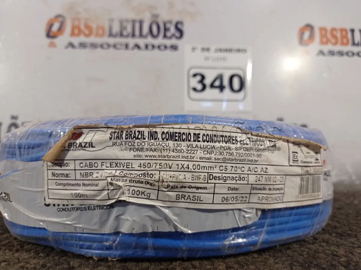 LOTE 340 - 01 ROLO DE CABO FLEXÍVEL 100M 1X4MM NA COR AZUL (NOVO). (NO ESTADO) ATENÇÃO! FAZER A VISITAÇÃO ANTES DE ARREMATAR, NÃO SABEMOS SE FUNCIONA. LEILÃO NÃO TEM GARANTIA E NEM DEVOLUÇÃO, SUJEITO A POSSÍVEIS AVARIAS VISÍVEIS/OCULTAS E/OU AUSÊNCIA DE COMPONENTES.