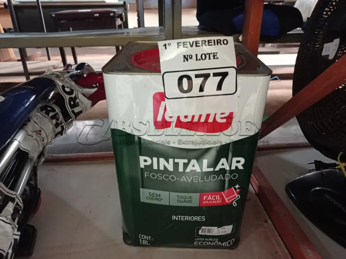 LOTE 077 - 01 LATA DE TINTA IQUINE PINTALAR FOSCO-AVELUDADO 18L NA COR PÊSSEGO. (NO ESTADO) ATENÇÃO! FAZER A VISITAÇÃO ANTES DE ARREMATAR, NÃO SABEMOS SE FUNCIONA. LEILÃO NÃO TEM GARANTIA E NEM DEVOLUÇÃO, SUJEITO A POSSÍVEIS AVARIAS VISÍVEIS/OCULTAS E/OU AUSÊNCIA DE COMPONENTES.