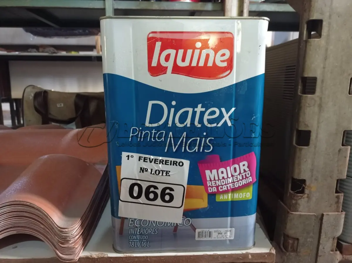 LOTE 066 - 01 LATA DE TINTA IQUINE DIATEX PINTA MAIS 18L BASE “P”. (NO ESTADO) ATENÇÃO! FAZER A VISITAÇÃO ANTES DE ARREMATAR, NÃO SABEMOS SE FUNCIONA. LEILÃO NÃO TEM GARANTIA E NEM DEVOLUÇÃO, SUJEITO A POSSÍVEIS AVARIAS VISÍVEIS/OCULTAS E/OU AUSÊNCIA DE COMPONENTES.