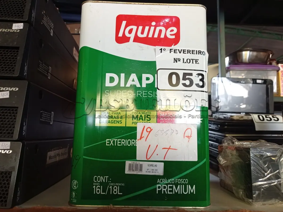 LOTE 053 - 01 LATA DE TINTA IQUINE DIAPISO SUPER RESISTENTE 18L NA COR VERMELHA. (NO ESTADO) ATENÇÃO! FAZER A VISITAÇÃO ANTES DE ARREMATAR, NÃO SABEMOS SE FUNCIONA. LEILÃO NÃO TEM GARANTIA E NEM DEVOLUÇÃO, SUJEITO A POSSÍVEIS AVARIAS VISÍVEIS/OCULTAS E/OU AUSÊNCIA DE COMPONENTES.