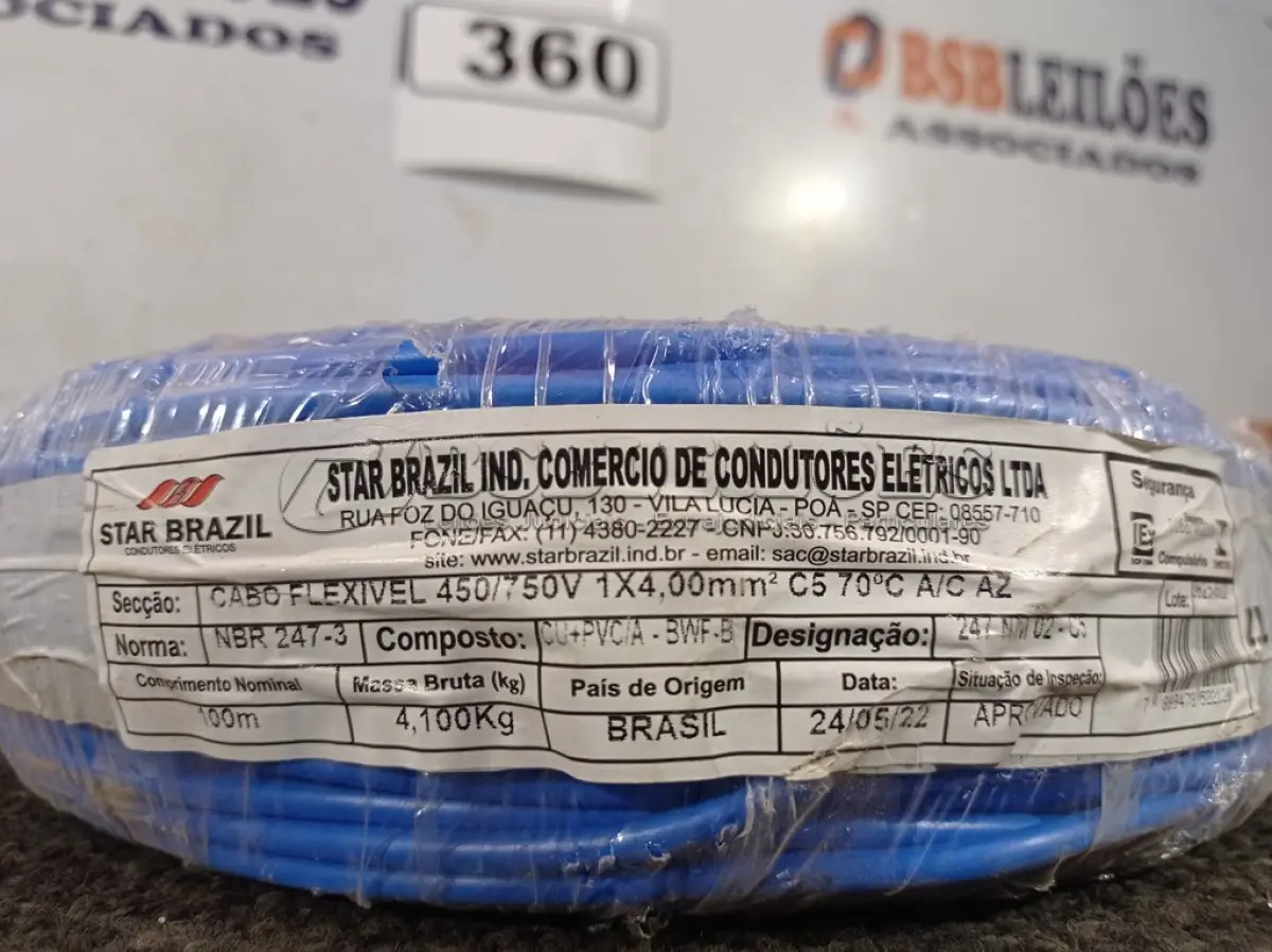 LOTE 360 - 01 ROLO DE CABO FLEXÍVEL 100M 1X4MM NA COR AZUL(NOVO). (NO ESTADO) ATENÇÃO! FAZER A VISITAÇÃO ANTES DE ARREMATAR, NÃO SABEMOS SE FUNCIONA. LEILÃO NÃO TEM GARANTIA E NEM DEVOLUÇÃO, SUJEITO A POSSÍVEIS AVARIAS VISÍVEIS/OCULTAS E/OU AUSÊNCIA DE COMPONENTES.